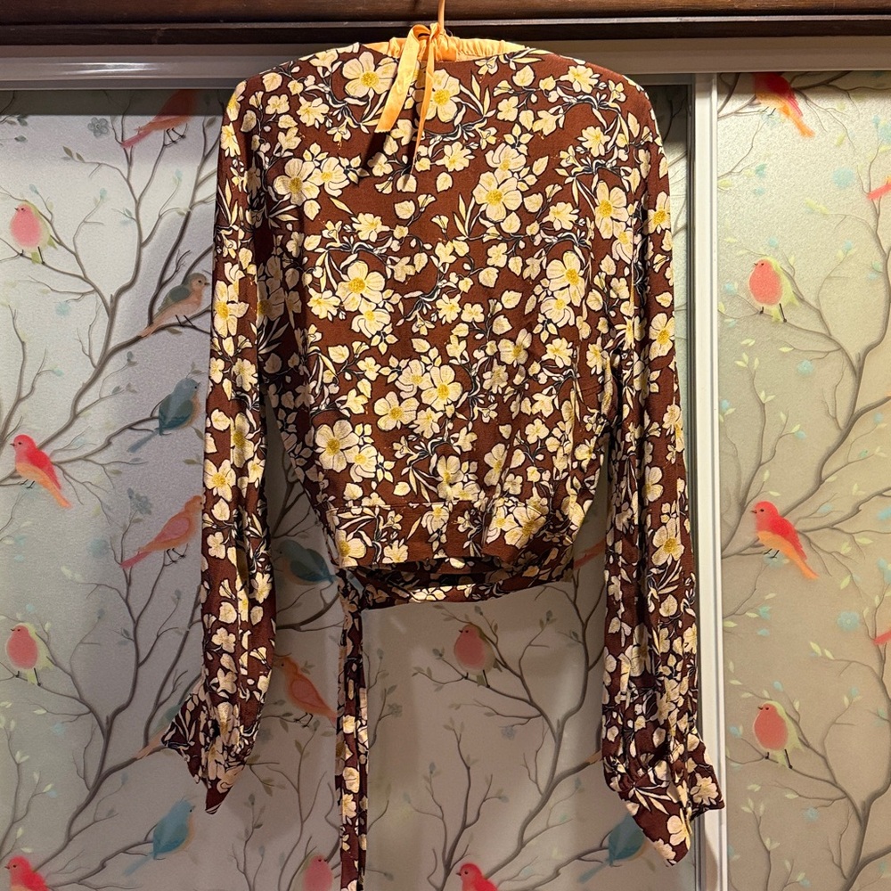 Topshop Floral Brown and Yellow Wrap Blouse - Picture 6 of 6